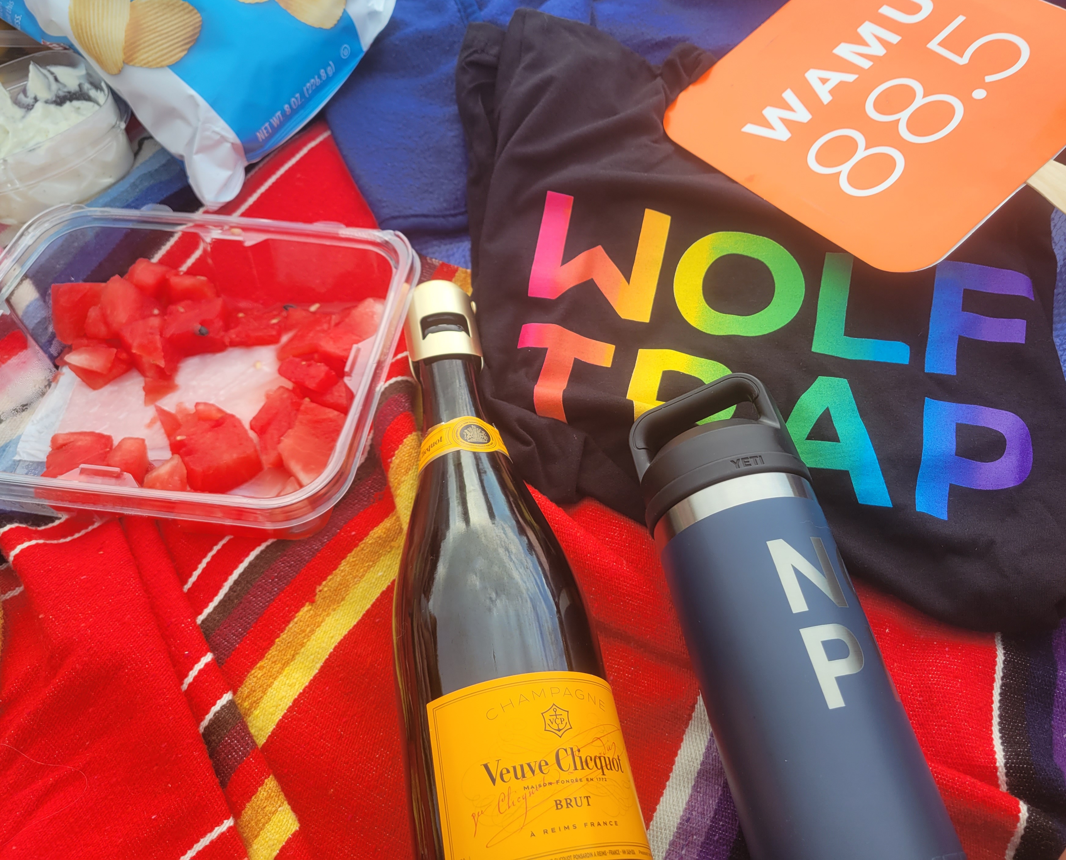 A champagne bottle, a shirt, a fan, and some watermelon on a picnic blanket.